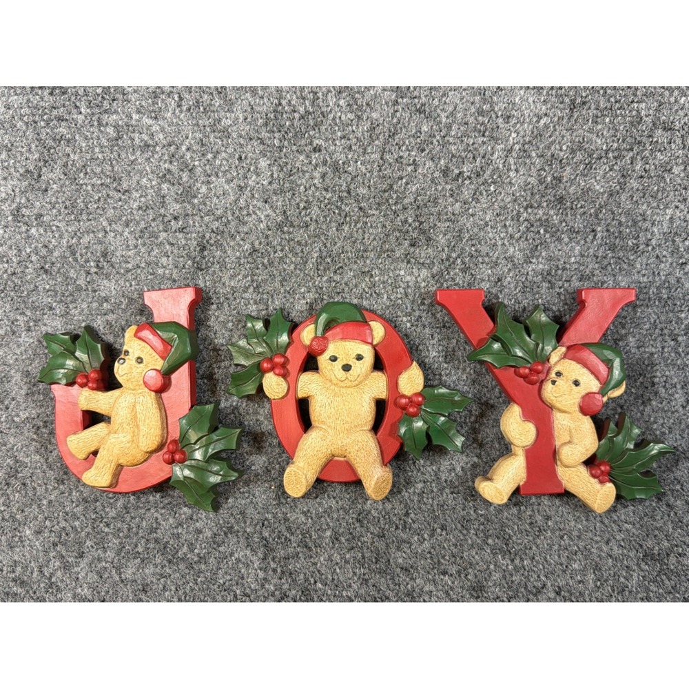 Vintage HOMCO Christmas JOY Teddy Bear Wall Plaques Set 3 Red Green 7610 USA